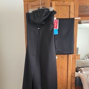 Formal full length black satin sequined bodiced, strapless with matching shawl